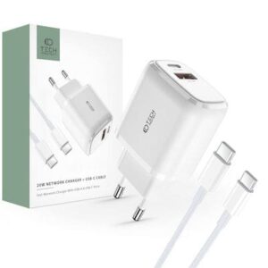 Φορτιστής κινητού Tech Protect 20W Dual Port USB C+QC 3.0 USB A+ USB C Cable 1m White