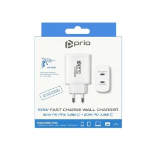 Φορτιστής κινητού Prio 50W Fast Charge Wall Charger 30W PD PPS (USB C) + 20W PD (USB C) White