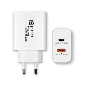 Φορτιστής κινητού Prio Fast Charge Wall Charger 65W PD (USB C) + QC 3.0 (USB A) white