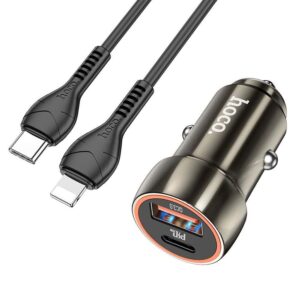 Φορτιστής Αυτοκινήτου Hoco Car Charger 20W 1X USB and 1X Type-C with Type-c to Lightning Cable Metal Gray