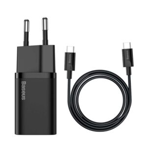 Φορτιστής Κινητού Baseus Super Si Quick Charger 1C 25W EU Sets Black + Mini Black Cable Type-C to Type-C 3A 1m