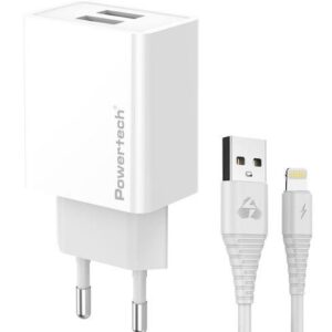 Φορτιστής Κινητού POWERTECH PT-1325 με καλώδιο Lightning 2x USB 12W Λευκός