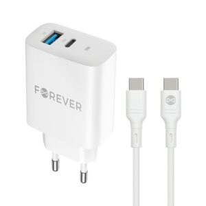 Φορτιστής κινητού Forever TC-07-30AC PD QC charger 1x USB-C 1x USB 30W white + USB-C - USB-C Cable 60W