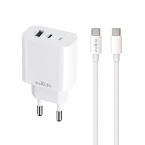 Φορτιστής κινητού Maxlife PD QC Charger 1x USB-C 1x USB 30W white + USB-C - USB-C Cable 60W