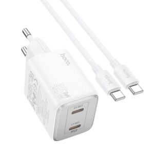 Φορτιστής κινητού Hoco N42, 45W, 3A, 2 x USB-C, with USB-C Cable, White