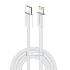 ColorWay Data Cable Type-C to Apple Lightning, PD 27W, 3A, 480Mbps, Nylon, 1m Gray