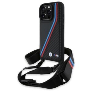Θήκη κινητού BMW Leather M Edition Carbon Tricolor Lines & Strap for iPhone 16 Pro Max Black