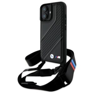Θήκη κινητού BMW Leather M Edition Carbon Stripe & Strap for iPhone 16 Plus Black