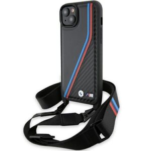 Θήκη κινητού BMW Leather M Edition Carbon Tricolor Lines & Strap for iPhone 15 Black