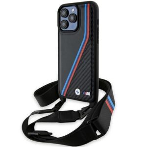 Θήκη κινητού BMW Leather M Edition Carbon Tricolor Lines & Strap for iPhone 15 Pro Black