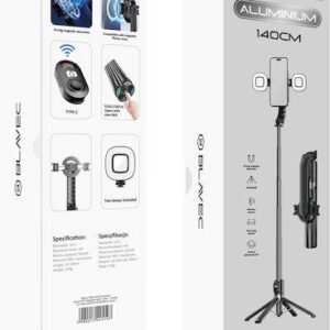Selfie Stick Blavec Aluminum Fusion P-07 Magsafe Tripod + Remote + 2 lamps 1.4m Black