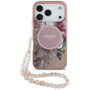 Θήκη κινητού Guess IML Flowers with Pearl Strap MagSafe for iPhone 17 Pro Pink