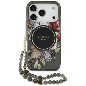 Θήκη κινητού Guess IML Flowers with Pearl Strap MagSafe for iPhone 17 Pro Black