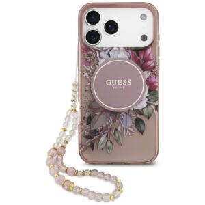 Θήκη κινητού Guess IML Flowers with Pearl Strap MagSafe for iPhone 17 Pro Max Pink