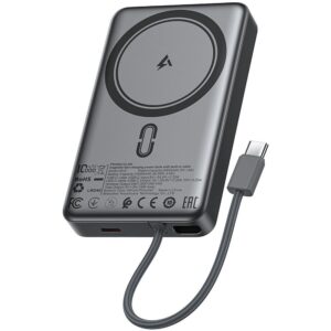 Powerbank Acefast Magnetic Wireless with Built-in Cable, USB-C, 10000mAh, 38.5Wh, PD22.5W, LED Light Black