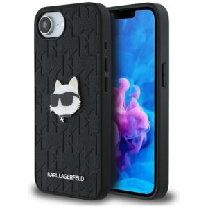 Θήκη κινητού Karl Lagerfeld Hardcase Leather Monogram for iPhone 16e Monogram Choupette Head Pin Black